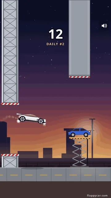 Flappycar gameplay: a white sports car climbing on thruster puffs between steel gantries at dusk