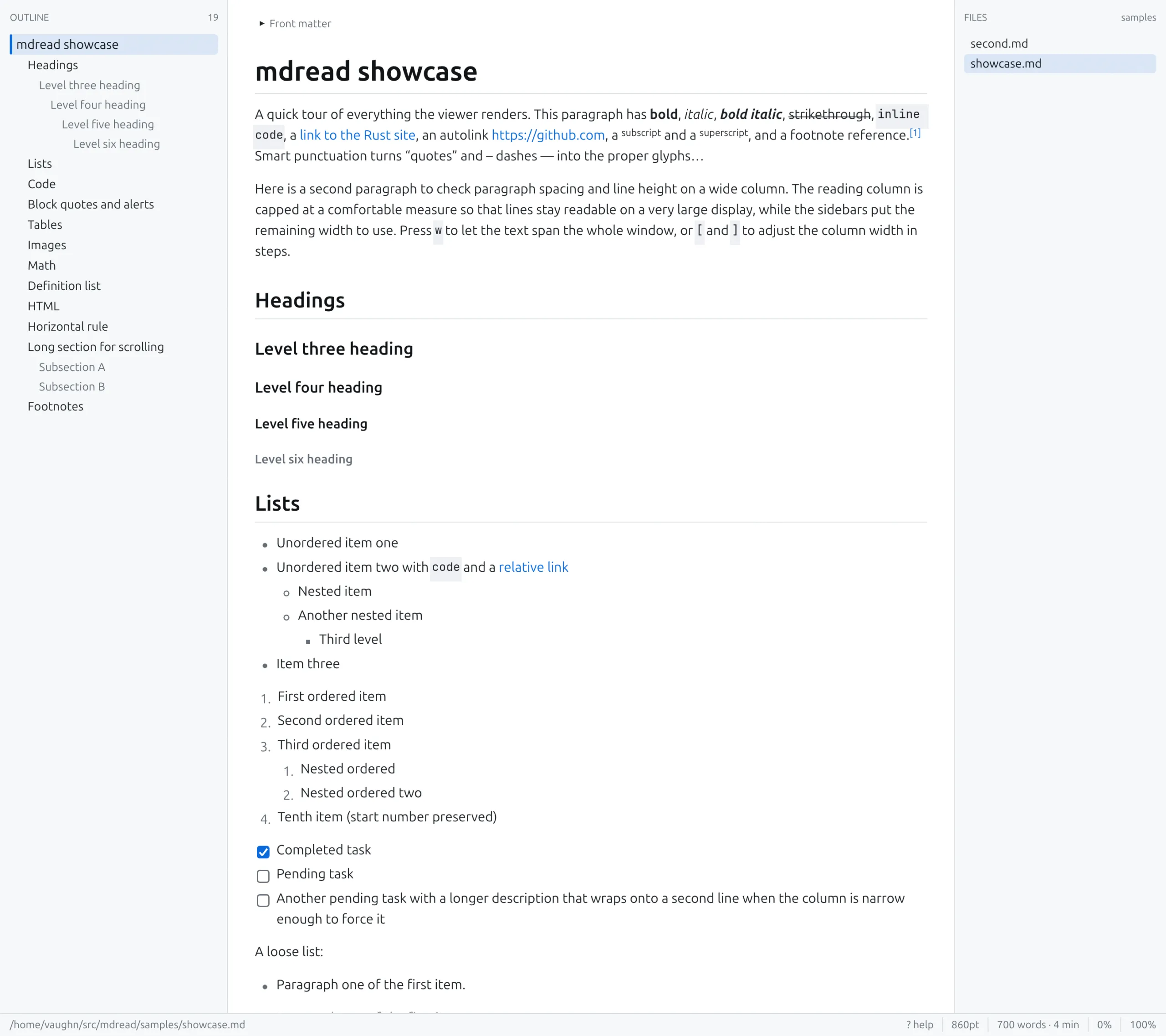 mdread rendering its showcase document: an outline sidebar on the left, the reading column in the middle and a files sidebar on the right